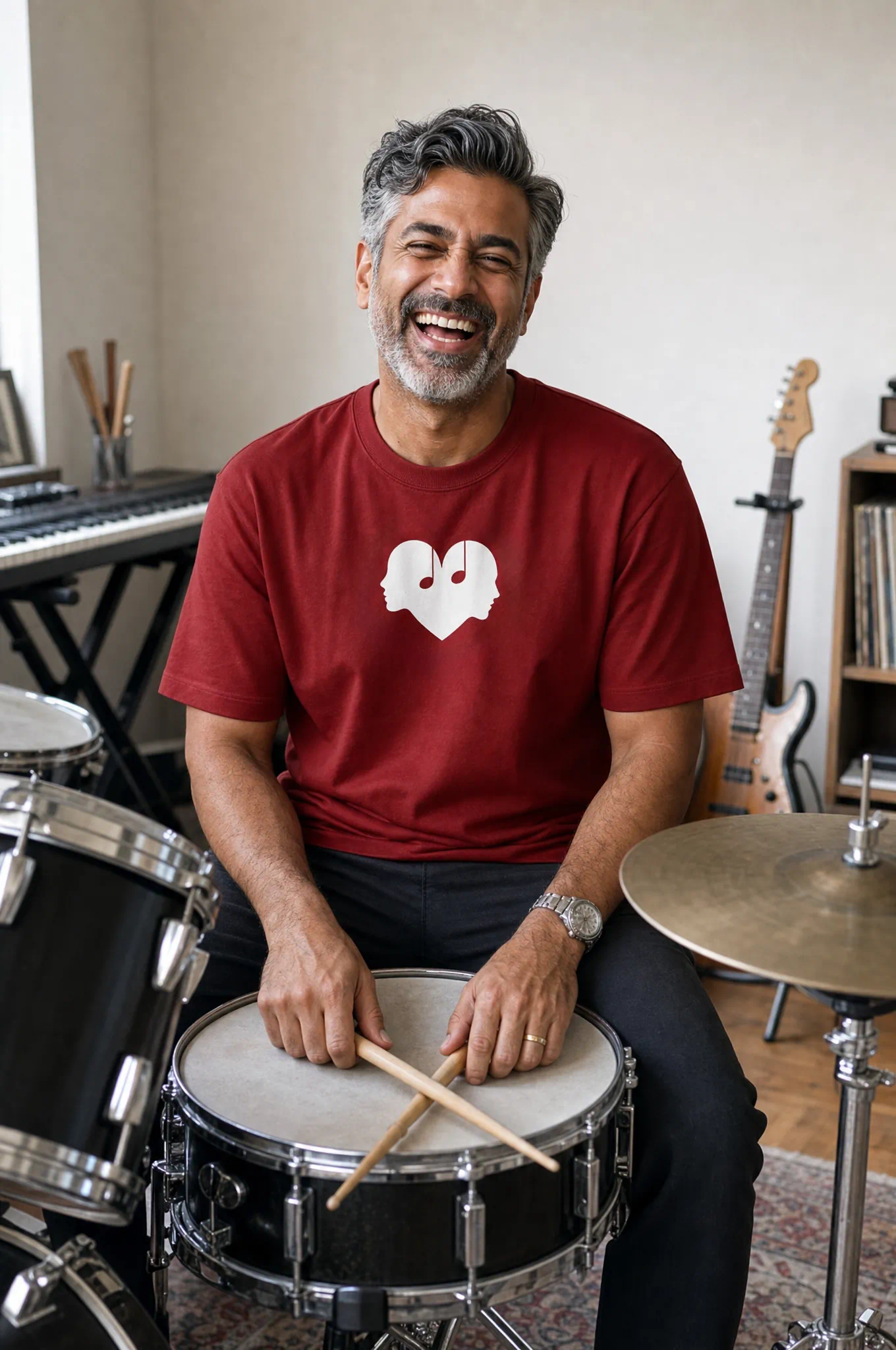 Man laughing behind a drum kit in the Crimson Overture Oversized Tee