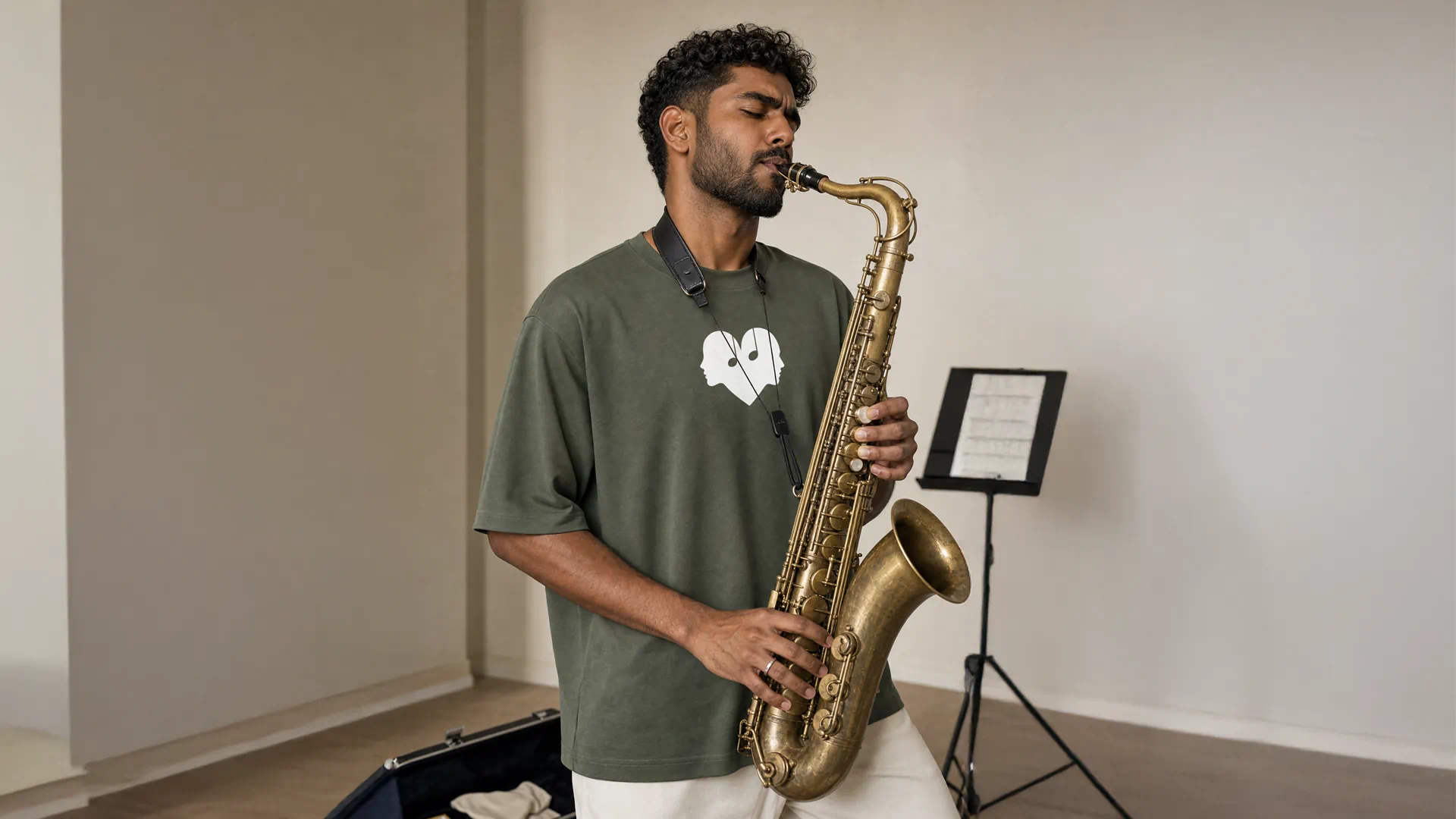 Man playing the saxophone in the Juniper green Overture Oversized Tee by Wear The Symbol