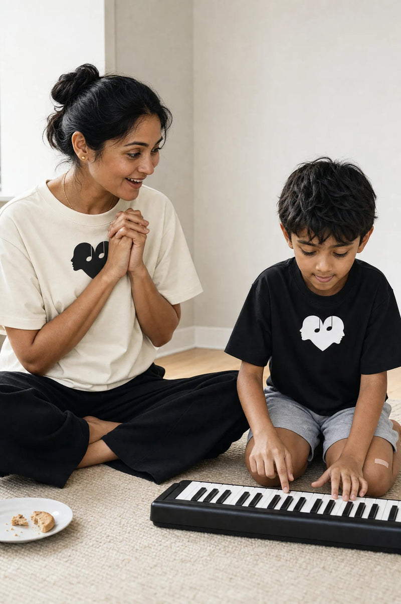 Woman and a child in Alabaster and Piano Overture Oversized Tees