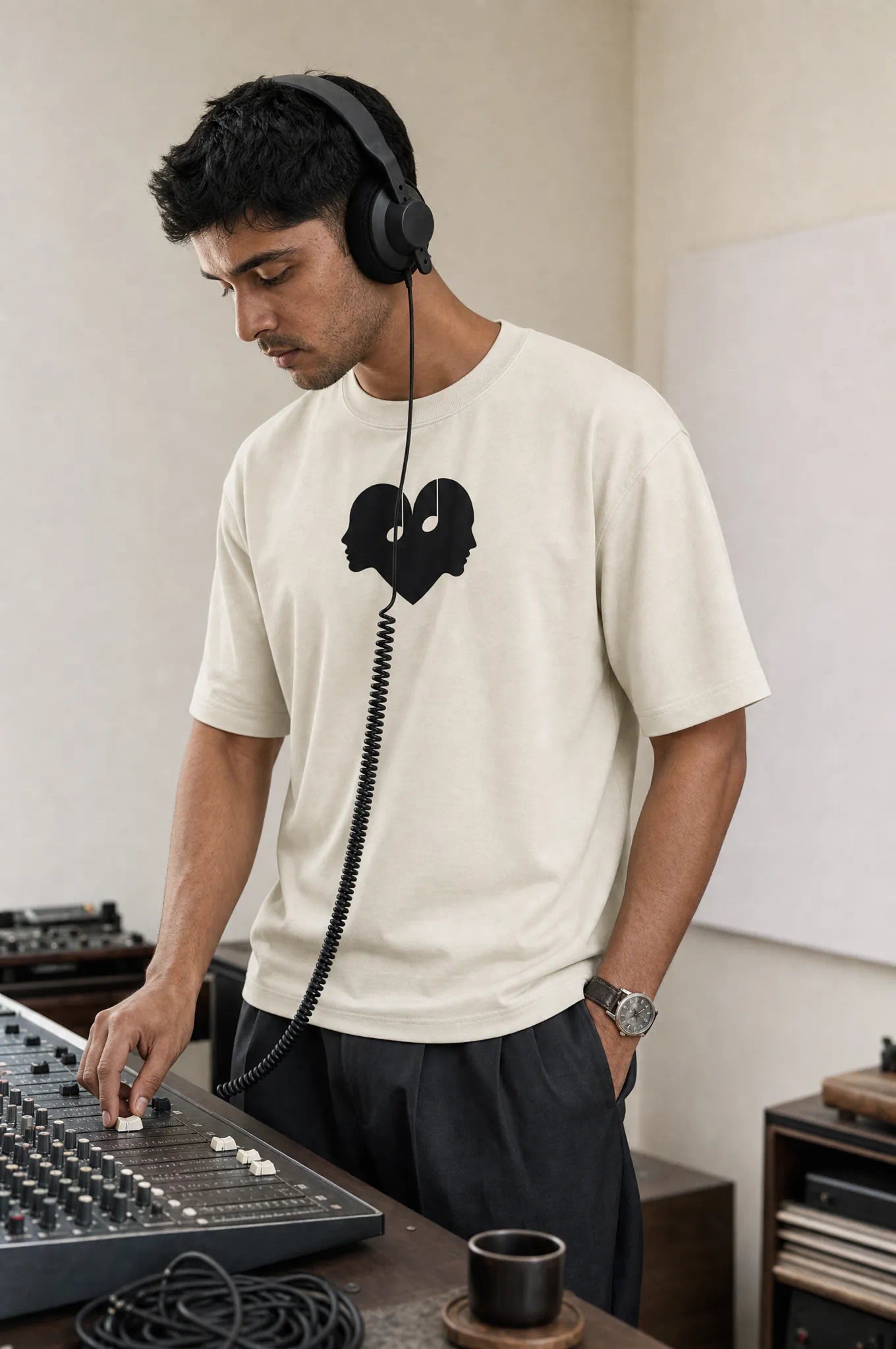 Man at a mixing console in the Alabaster Overture Oversized Tee