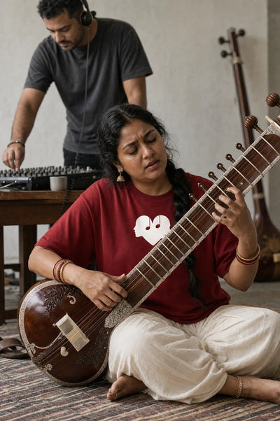 Woman playing the sitar in the Crimson Overture Oversized Tee