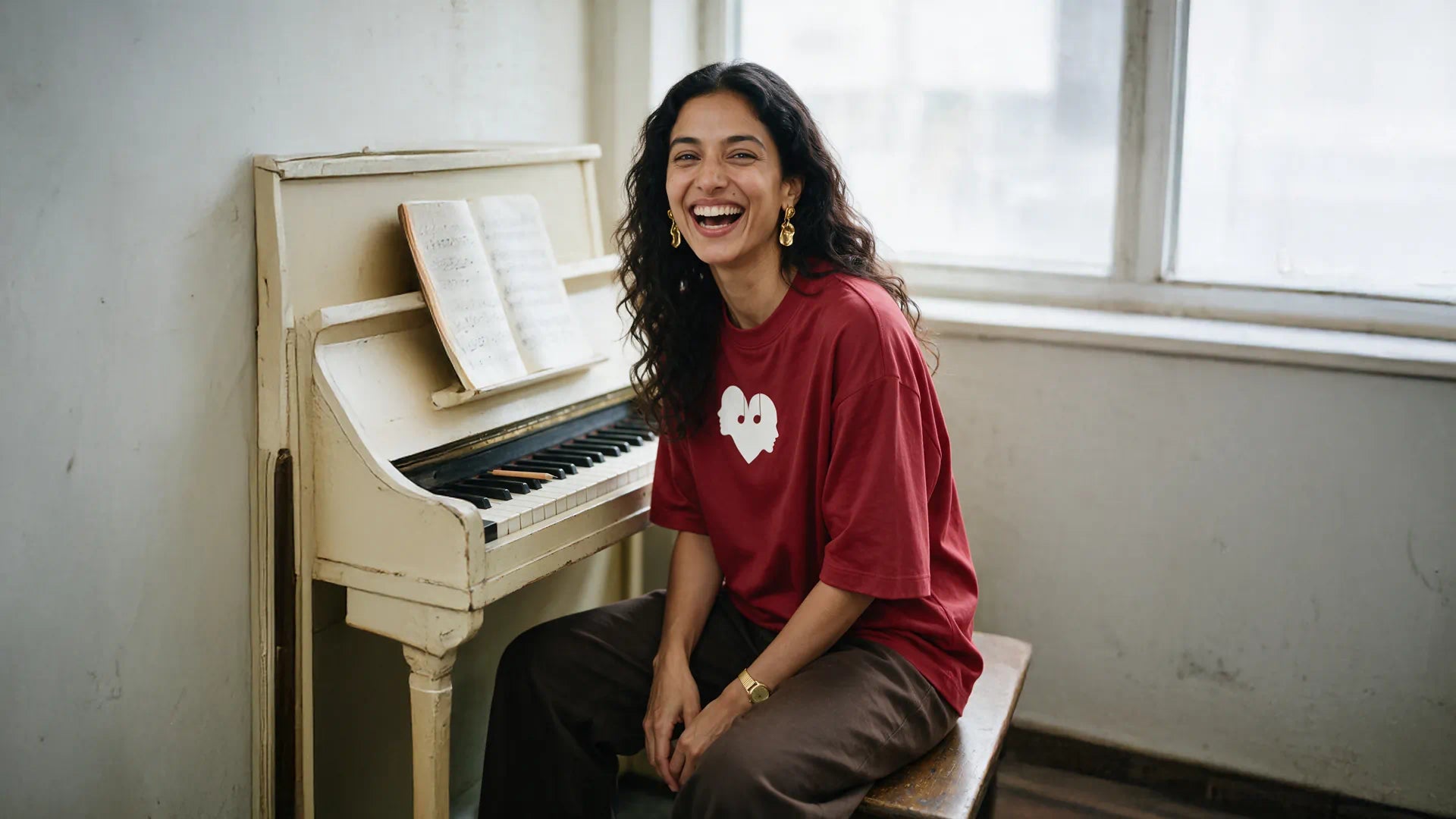 Woman laughing at a piano in the Crimson Overture Oversized Tee by Wear The Symbol