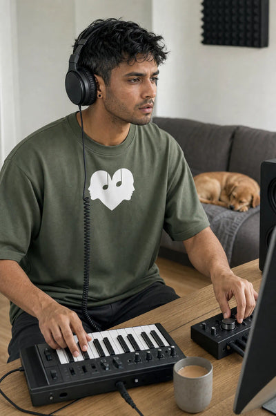Man at a music workstation in the Juniper green Overture Oversized Tee