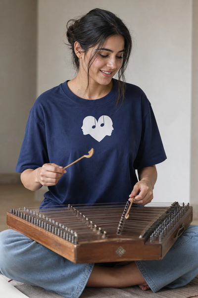 Woman playing the santoor in the Midnight blue Overture Oversized Tee