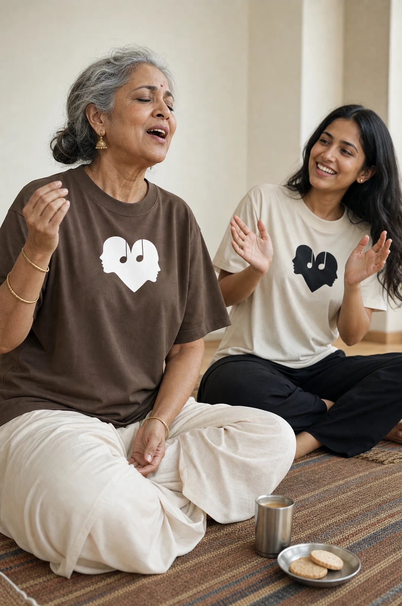 Mother and daughter in Mocha and Alabaster Overture Oversized Tees