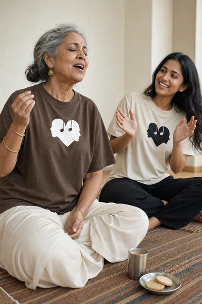 Mother and daughter in Mocha and Alabaster Overture Oversized Tees