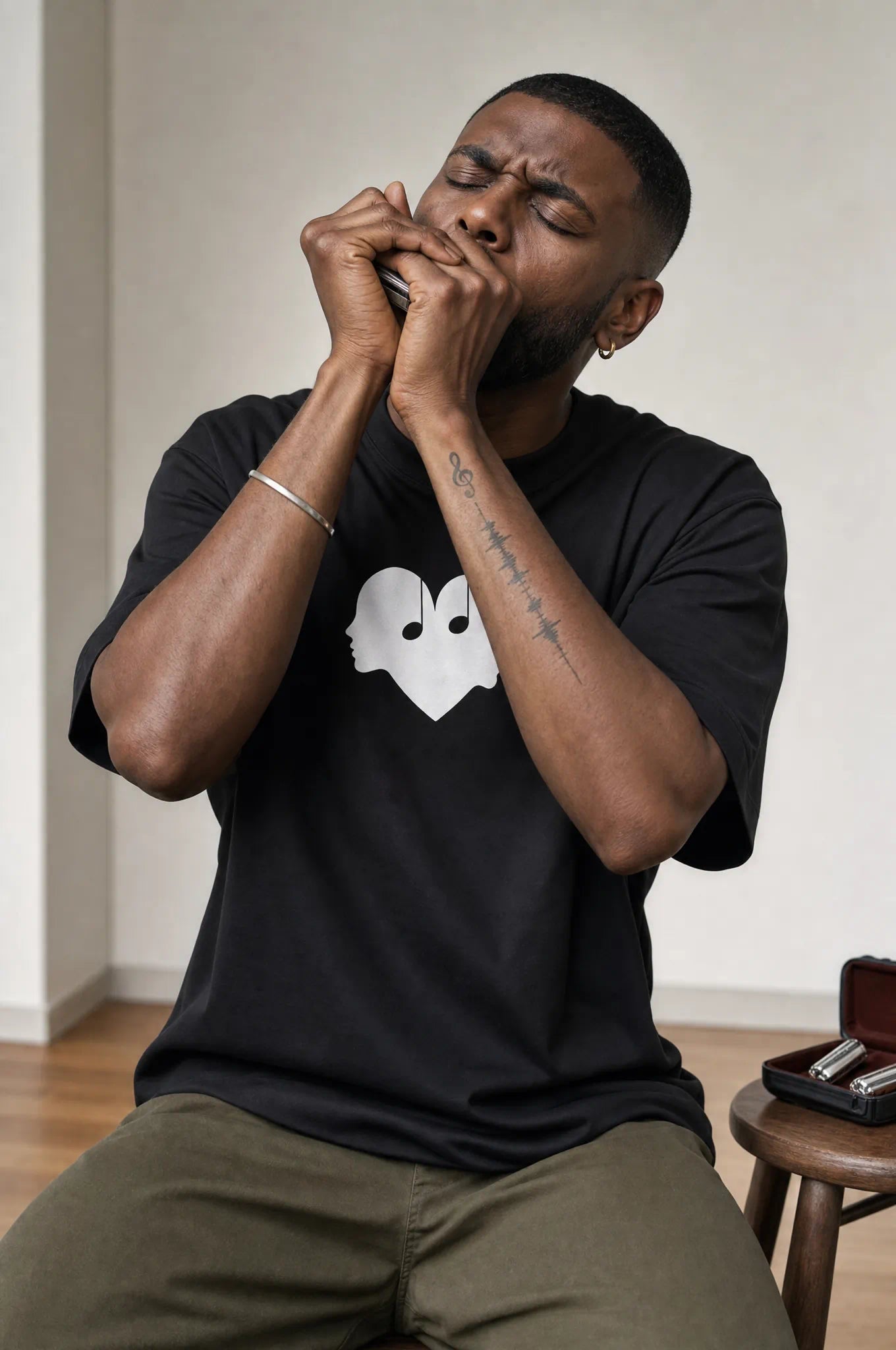 Man playing the harmonica in the Piano black Overture Oversized Tee