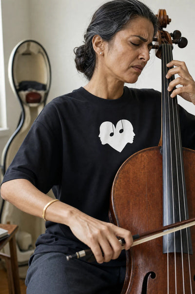 Woman playing the cello in the Piano black Overture Oversized Tee